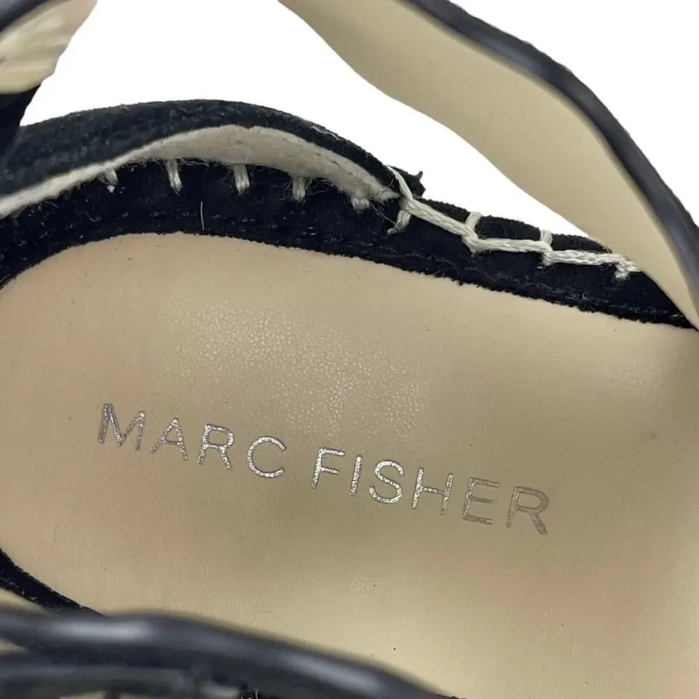 Marc Fisher Calita Black Suede Scalloped Crisscross Platform Espadrille Wedge 7M